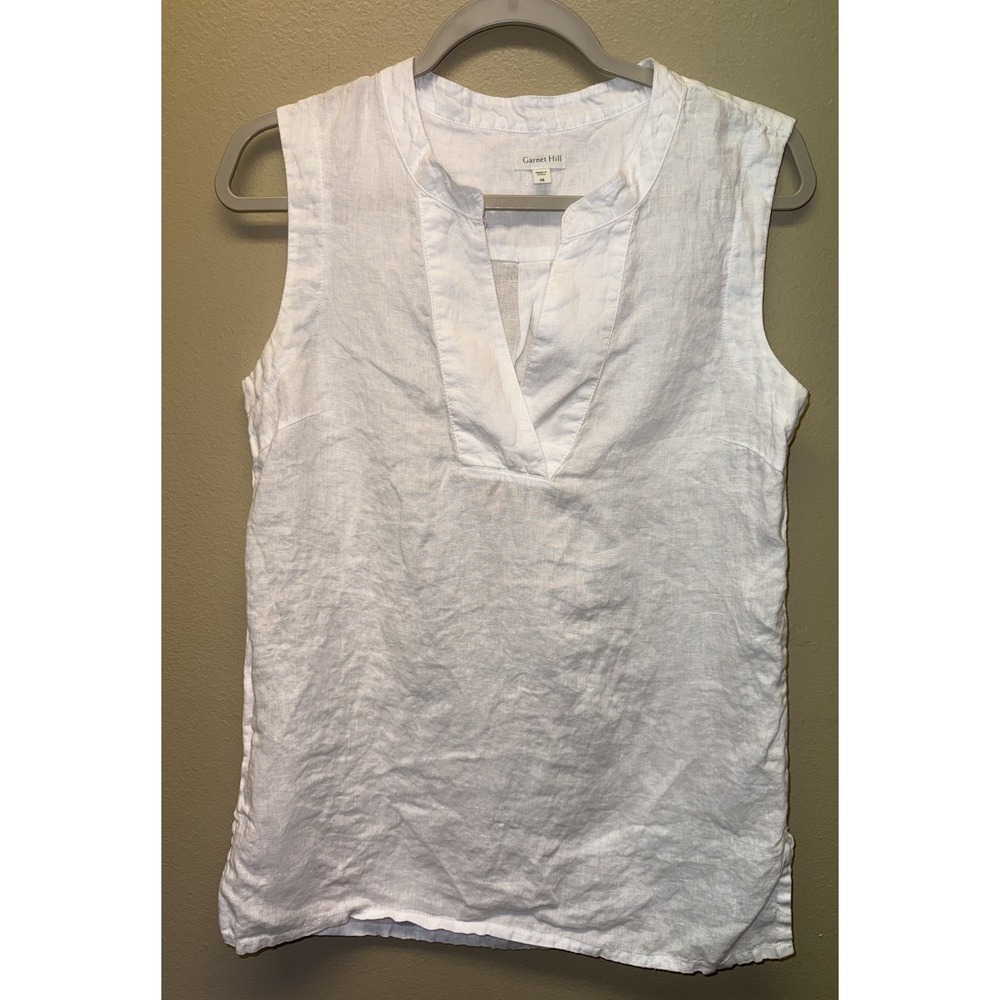 GARNET HILL Sleeveless Top 100% Linen V Neck White Coastal Size 6 Beach Cruise
